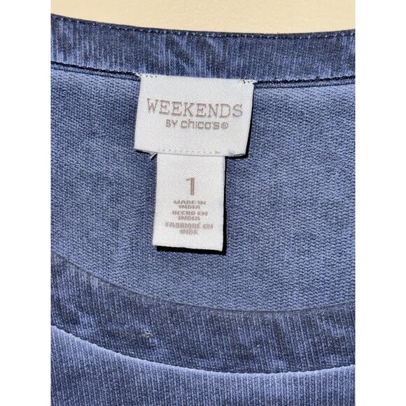 Weekends by Chico's Top Women's 1 Medium Blue 3/4 Sleeve Cotton Viscose Tee EUC - Picture 4 of 6